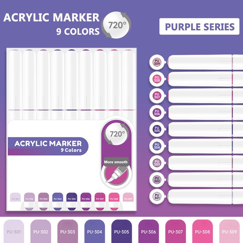 Yolaka Water Based Acrylic Paint Markers, 9 Colors Acrylic Paint Pens Set with Soft Brush Tip, Marker Pen for Rock Painting, Egg, Wood, Glass, Paper, Mugs, Acrylic Painter Ink (Purple Series) - Image 2